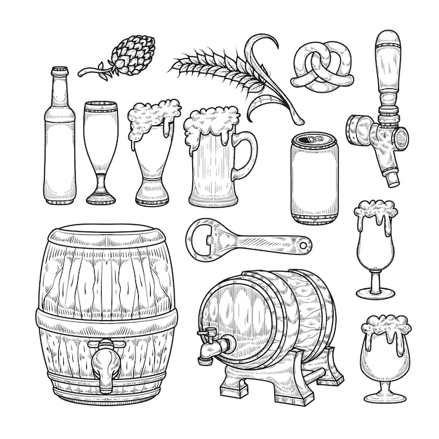 Ilustración de elementos de dibujo de cerveza dibujados a mano