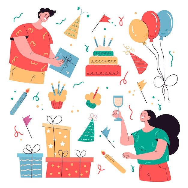 Ilustración de elementos de feliz cumpleaños