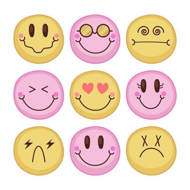 Ilustración de emojis sonrientes retro dibujados a mano