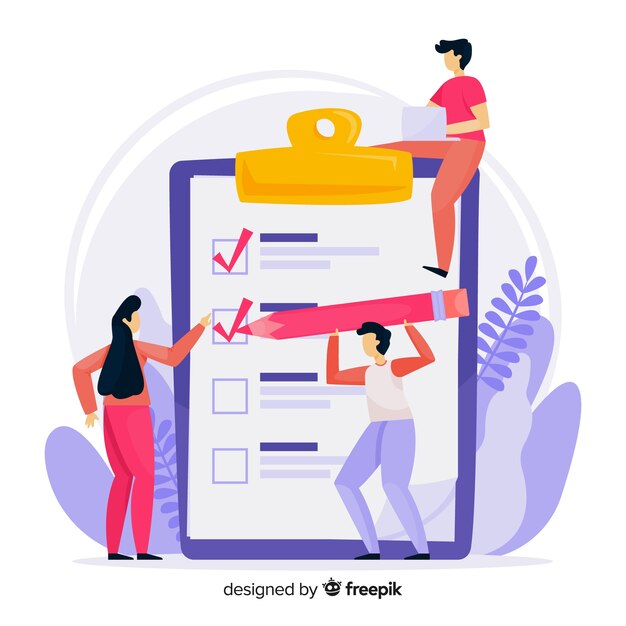 Ilustración equipo comprobando gran lista dibujado a mano