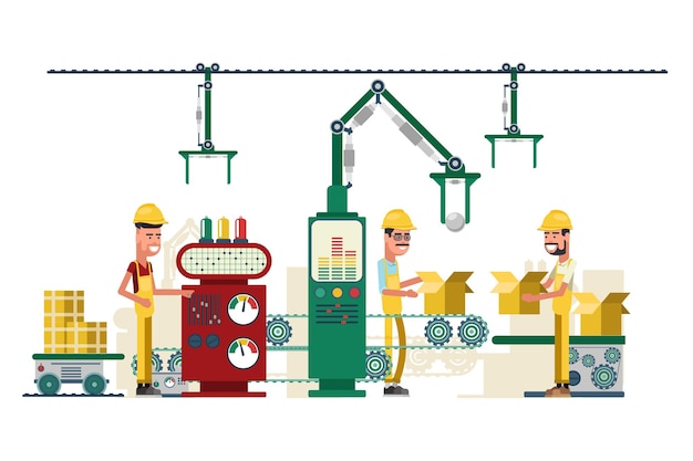 Vector gratuito ilustración de equipos y trabajadores de tecnología industrial.