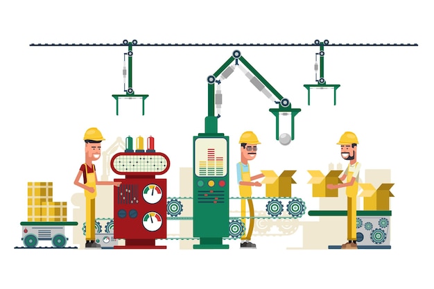 Ilustración de equipos y trabajadores de tecnología industrial.