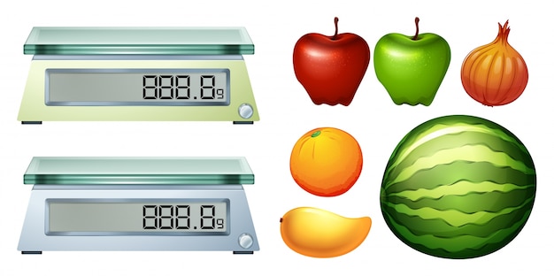 Ilustración de escalas de medición y frutas frescas