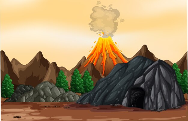 Ilustración de escena al aire libre de erupción volcánica