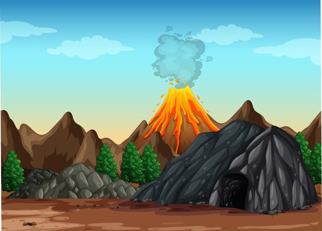 Ilustración de escena al aire libre de erupción volcánica