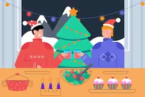 Vector gratuito ilustración de escena de cena de navidad con personajes