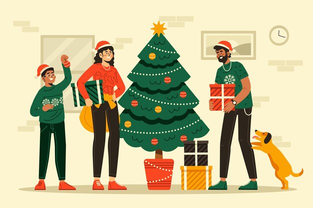 Vector gratuito ilustración de escena de decoración de árbol de navidad