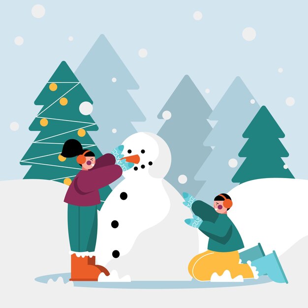 Ilustración de escena de nieve navideña con niños