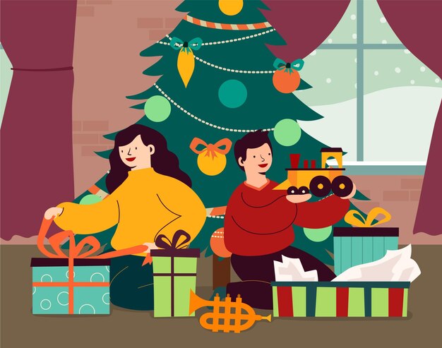 Ilustración de escena de regalos de navidad