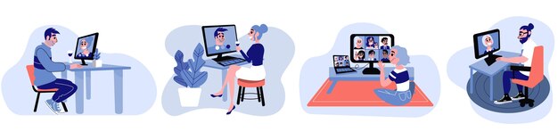Ilustración de la escena de videoconferencia de amigos.