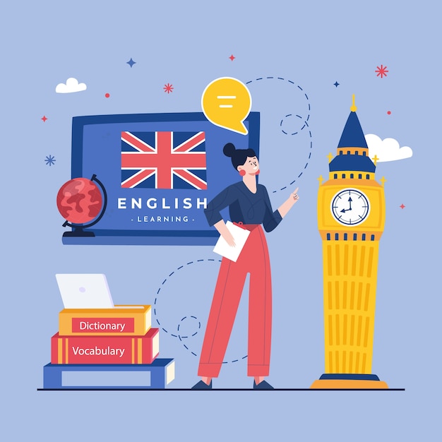 Ilustración de escuela de inglés dibujada a mano de estilo plano