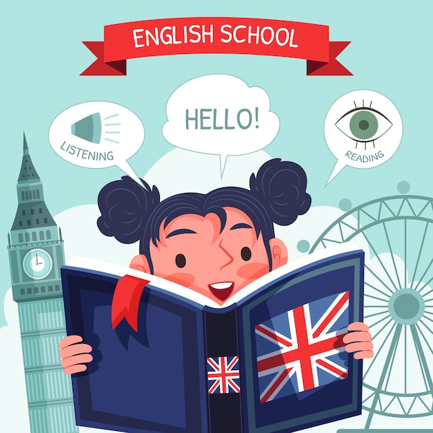 Ilustración de escuela de inglés dibujada a mano de estilo plano