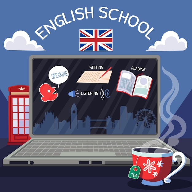 Ilustración de escuela de inglés dibujada a mano de estilo plano