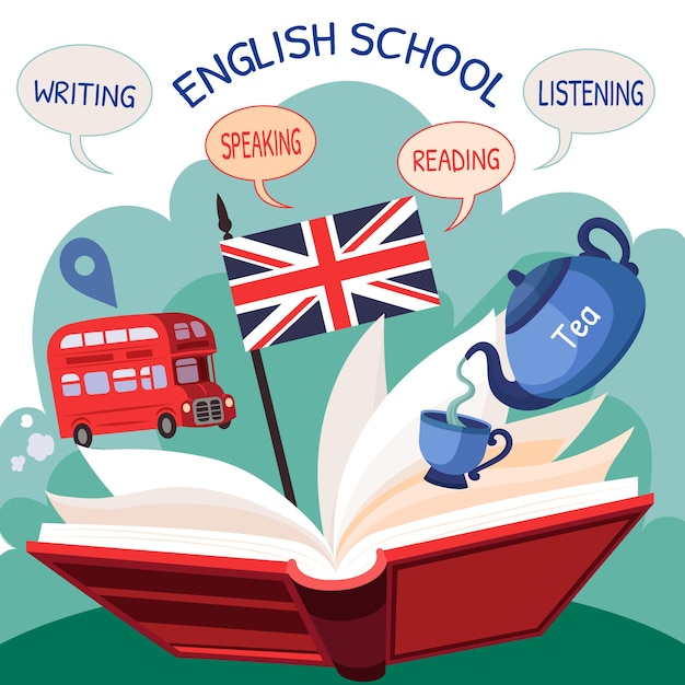 Vector gratuito ilustración de escuela de inglés dibujada a mano de estilo plano