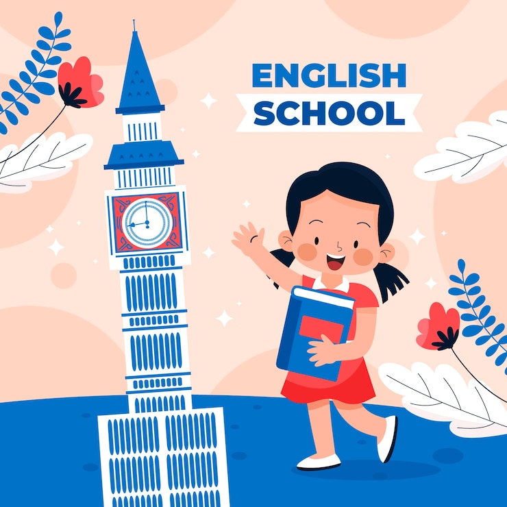 Vector gratuito ilustración de escuela de inglés dibujada a mano con niña