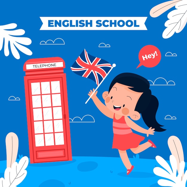 Ilustración de escuela de inglés dibujada a mano con niña