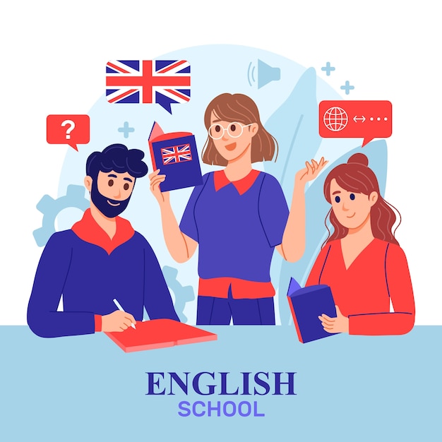 Ilustración de escuela de inglés dibujada a mano