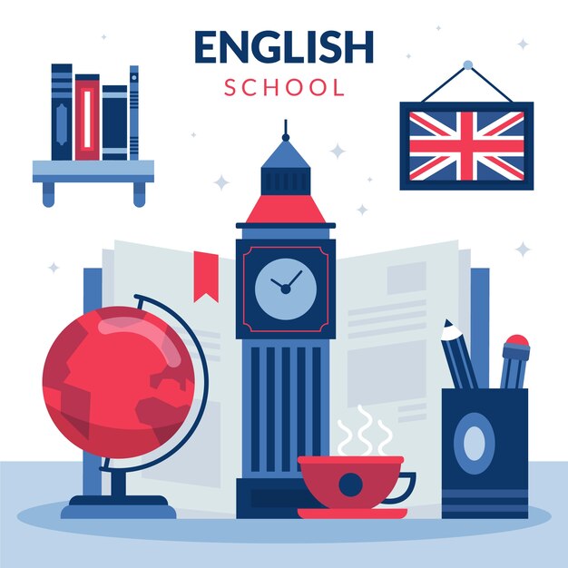 Ilustración de escuela de inglés dibujada a mano