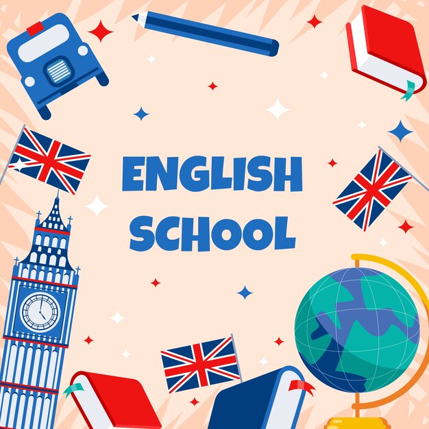 Ilustración de escuela de inglés dibujada a mano