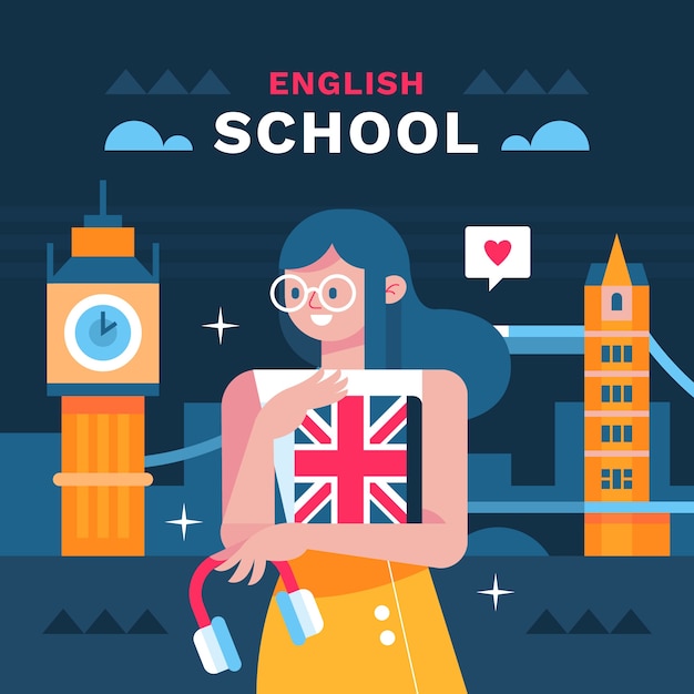 Vector gratuito ilustración de escuela de inglés de diseño plano