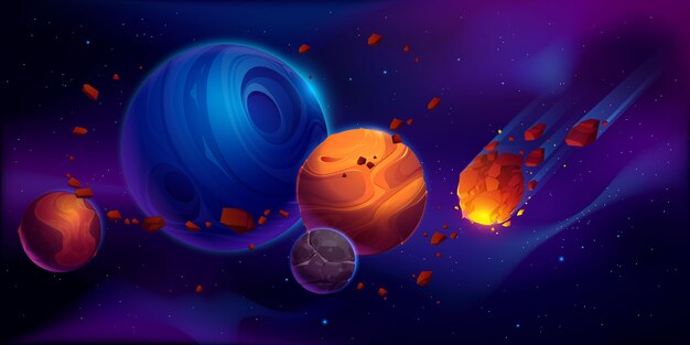 Ilustración espacial con planetas y asteroides.