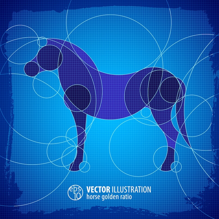 Vector gratuito ilustración de esquema azul decorativo de caballo de pie con título plano