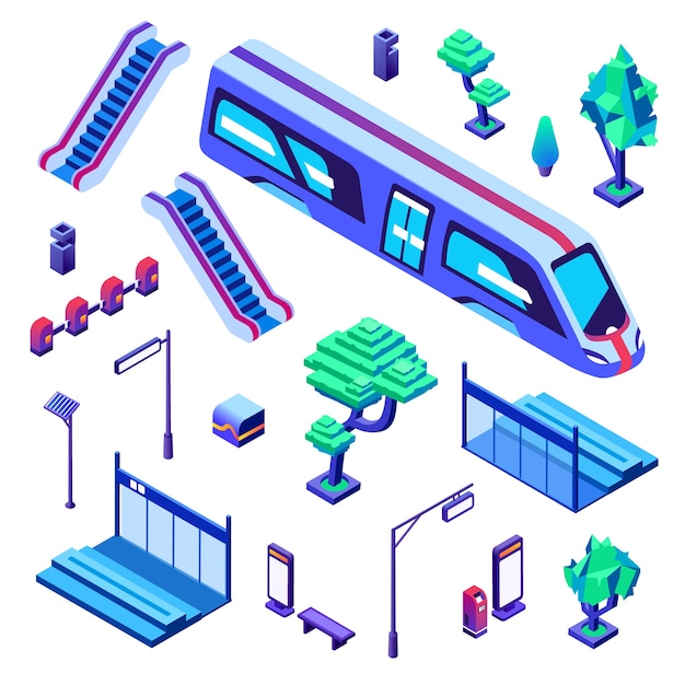 Ilustración de la estación de tren de metro de iconos aislados. Ferrocarril subterráneo o subterráneo