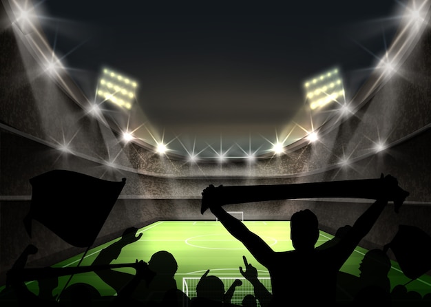La ilustración del estadio con un foco brillante ilumina el campo de fútbol verde y las siluetas de los fanáticos