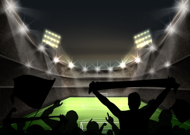 Vector gratuito la ilustración del estadio con un foco brillante ilumina el campo de fútbol verde y las siluetas de los fanáticos