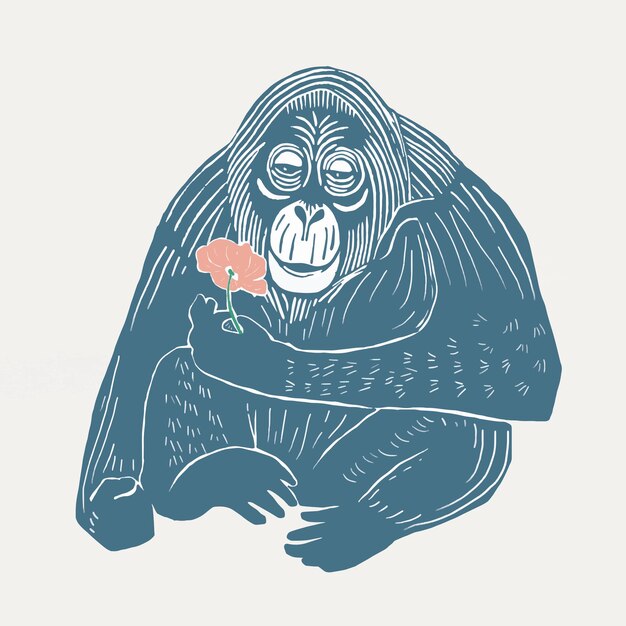 Ilustración de estilo de linograbado de orangután azul vintage