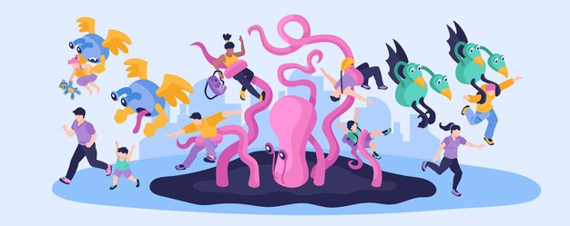 Ilustración estrecha colorida de extraterrestres con personas que huyen de personajes monstruosos de dibujos animados isométricos