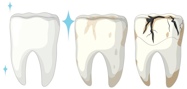 Ilustración de las etapas de la caries dental