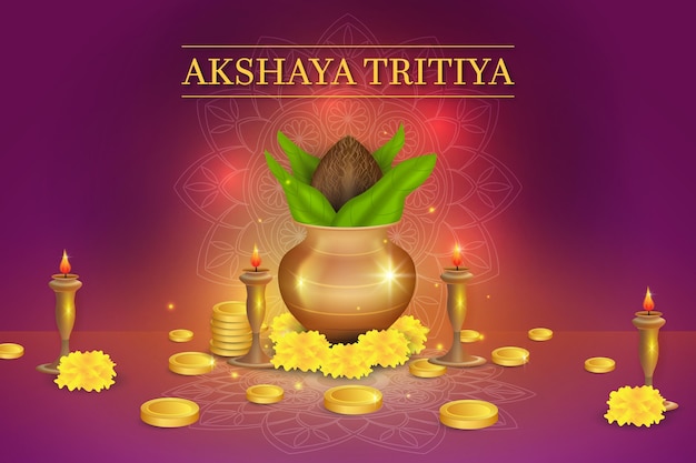 Vector gratuito ilustración del evento akshaya tritiya con monedas de oro y adornos