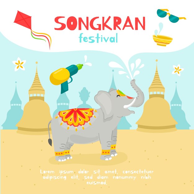 Ilustración de evento de songkran de diseño plano de elefante lindo