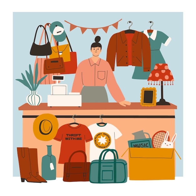 Ilustración de experiencia de compra de tienda de segunda mano plana