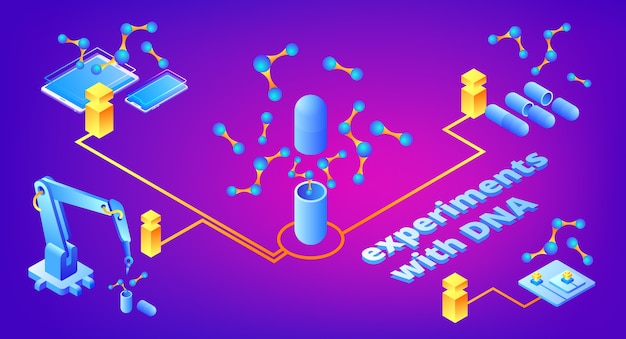 Ilustración de experimentos de ADN de tecnología para la investigación genética de medicamentos y microbiología genética