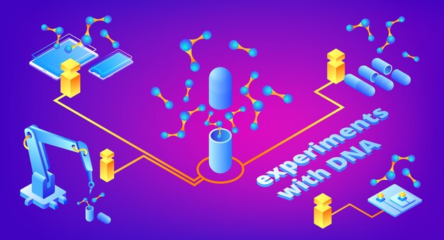 Ilustración de experimentos de ADN de tecnología para la investigación genética de medicamentos y microbiología genética