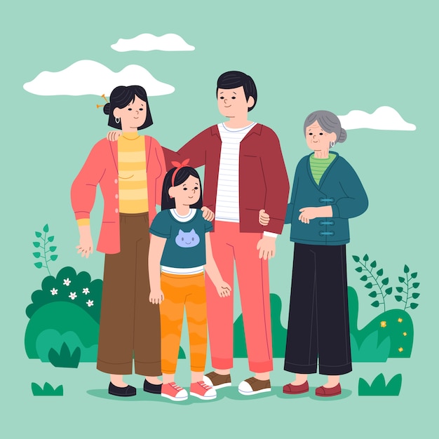Vector gratuito ilustración de familia asiática dibujada a mano
