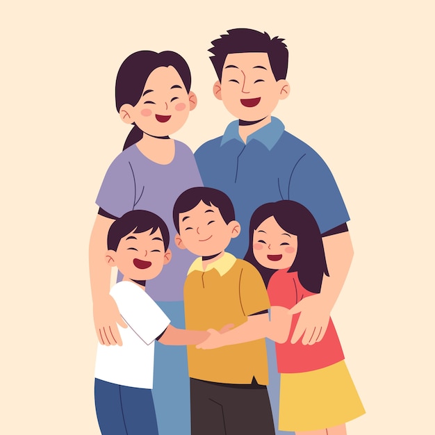 Ilustración de familia asiática dibujada a mano