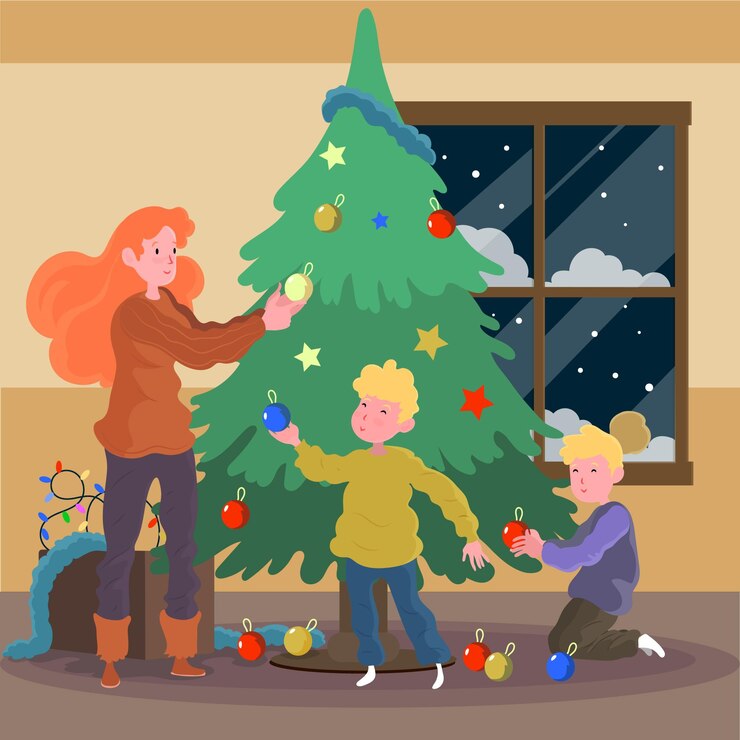 Vector gratuito ilustración de familia decorando el árbol de navidad