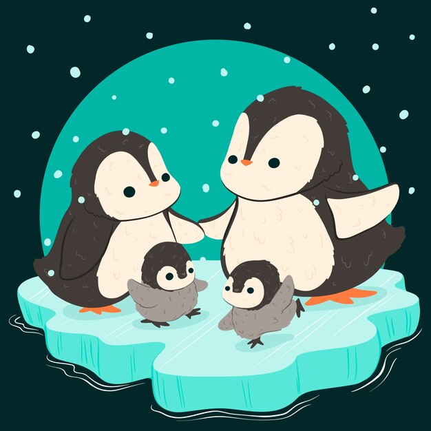 Ilustración de familia de pingüinos dibujados a mano
