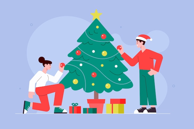 Ilustración familiar de Navidad en diseño plano