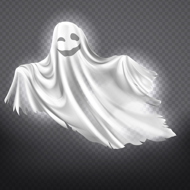 Ilustración de fantasma blanco, sonriente silueta fantasma aislado sobre fondo transparente.