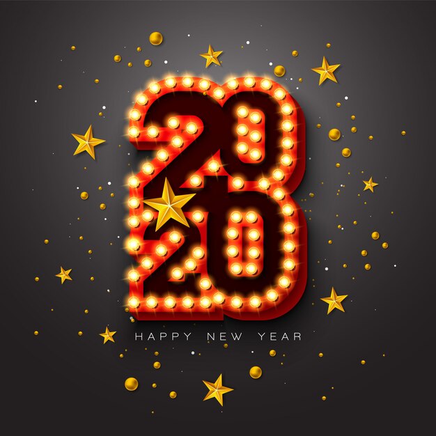 Ilustración de feliz año nuevo 2020 con letras de tipografía de bombilla 3d y bola de Navidad sobre fondo negro.