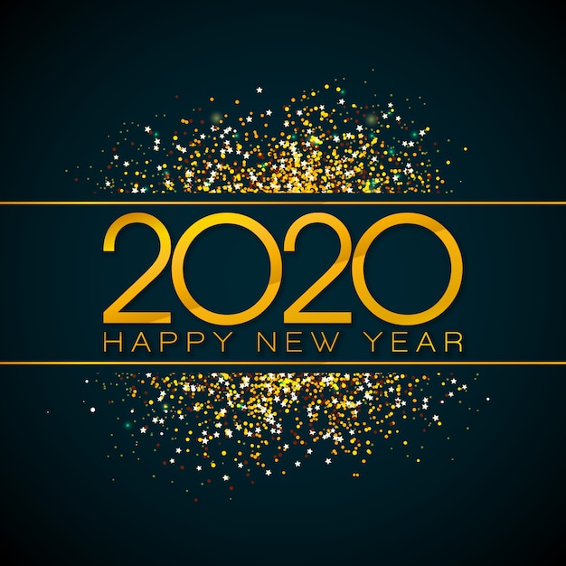 Ilustración de feliz año nuevo 2020 con número de oro y confeti cayendo sobre fondo negro.