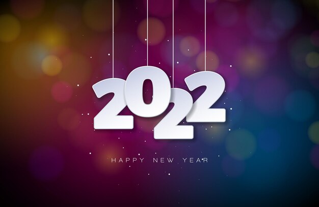 Ilustración de feliz año nuevo 2022 con número de recorte blanco sobre fondo brillante colorido