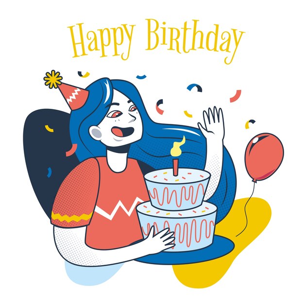 Ilustración de feliz cumpleaños con mujer y pastel