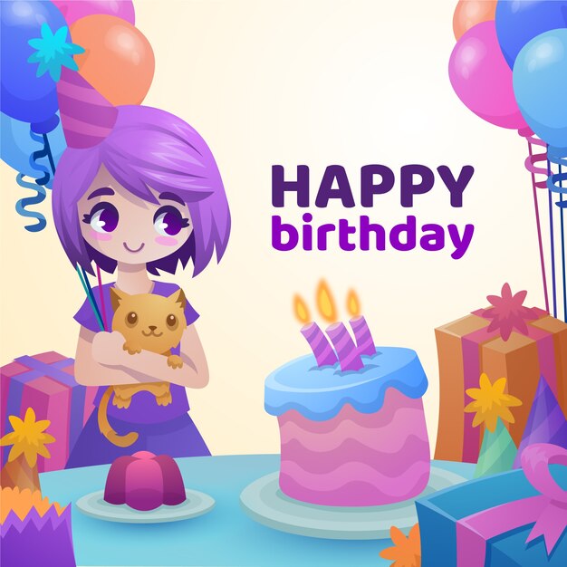 Ilustración de feliz cumpleaños de niña su gato