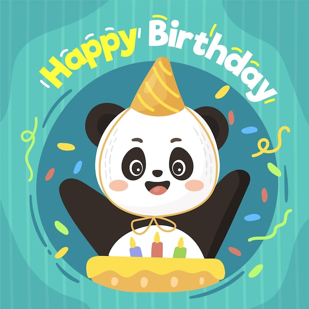 Ilustración de feliz cumpleaños con panda y pastel