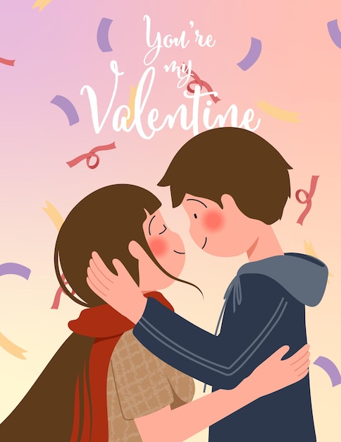 Vector gratuito ilustración de feliz día de san valentín con linda pareja y letras